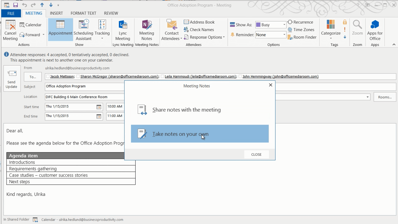 How to insert Outlook meeting details